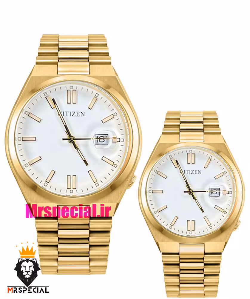 ساعت سیتیزن ست مردانه و زنانه مدل سویوسا کوارتز طلایی صفحه سفید 020736 CITIZEN TSUYOSA