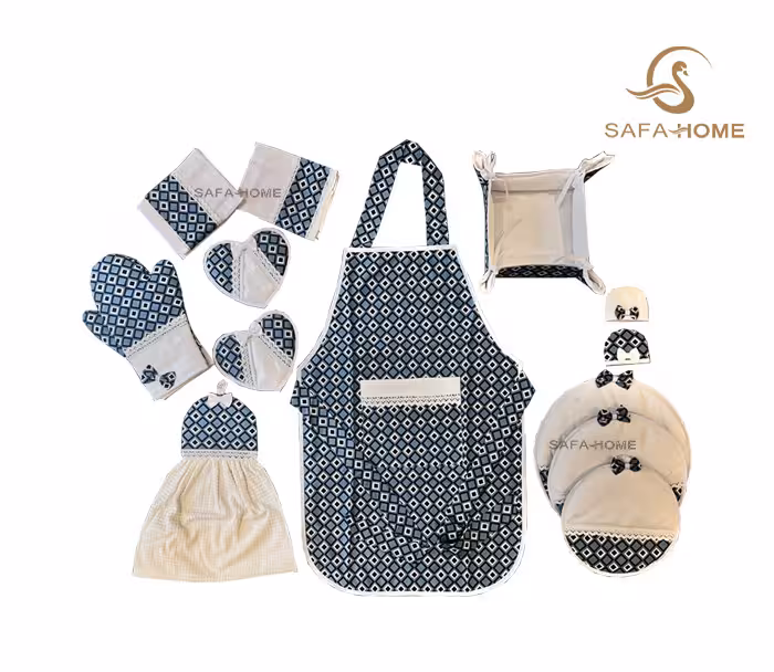 سرویس آشپزخانه پارچه ای جدید 14 تکه طرح لوزی سرمه ای