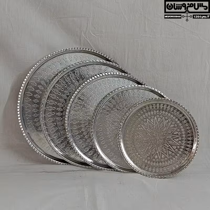 سینی مسی پذیرایی زنجان | سینی مسی گرد 2 رو سفید طرحدار سایز 1 قطر 22 | مدل فردوس