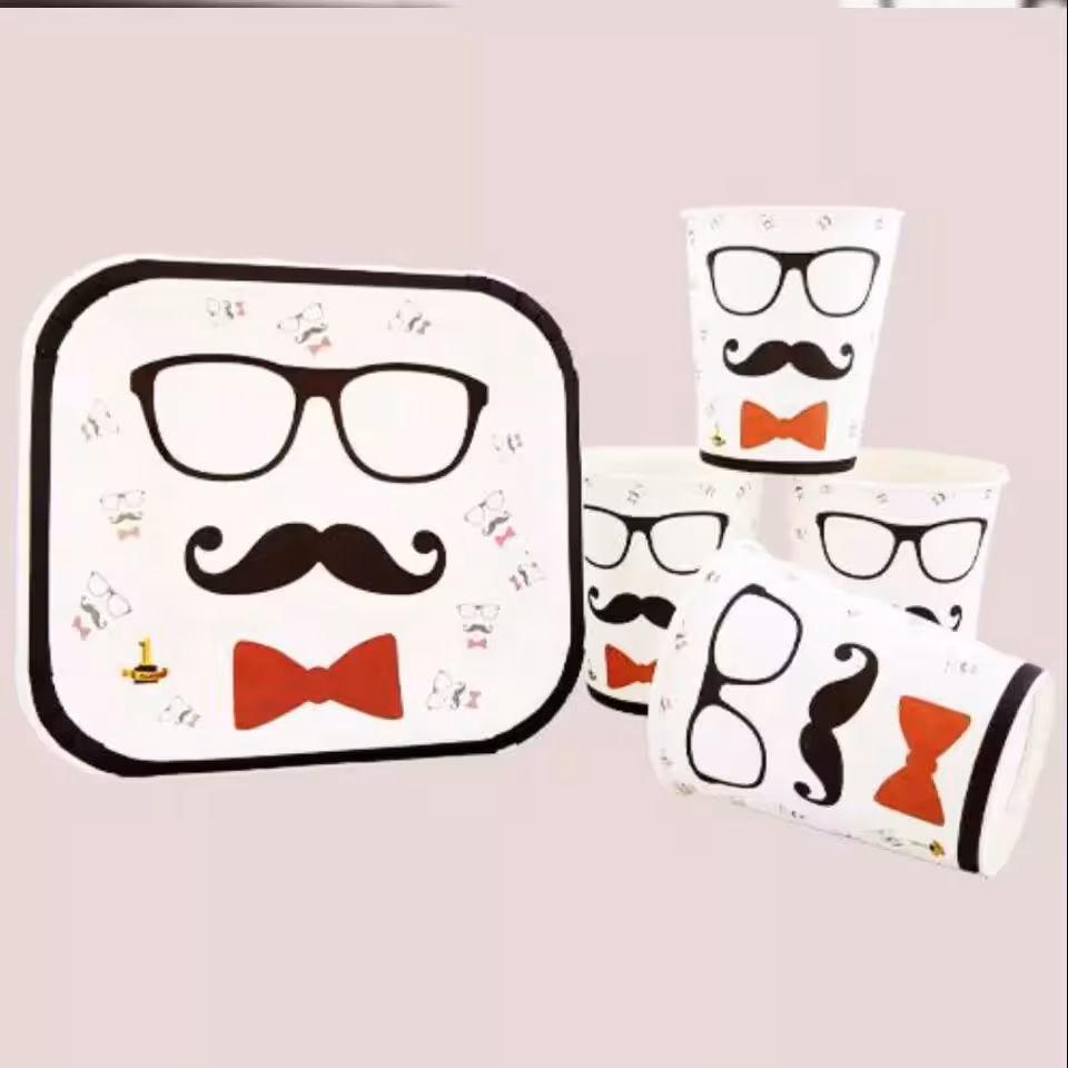 تم تولد لیوان و بشقاب تم سیبیل سفید (پک 10عددی)