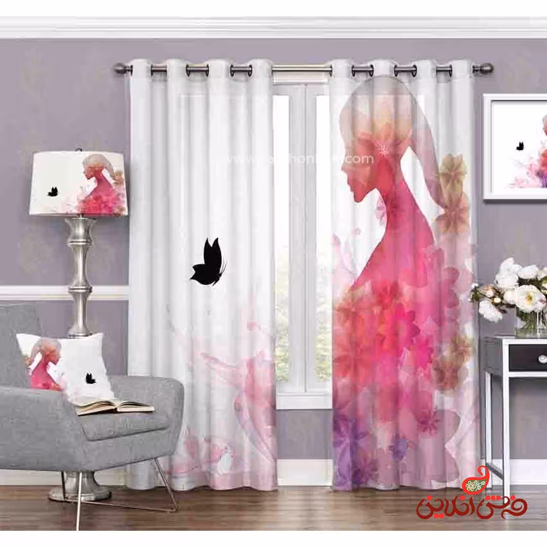 پرده طرح شاپرک و گل و هاله زن کد 3384