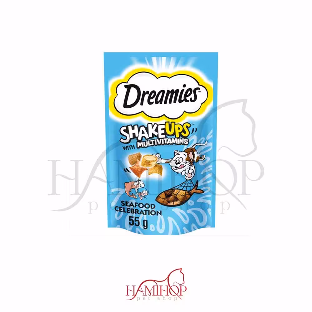 تشویقی مولتی ویتامین دریمیز طعم ماهی و غذاهای دریایی DREAMIES Shake Ups Multivitamins 55g - a treat for cats with seafood