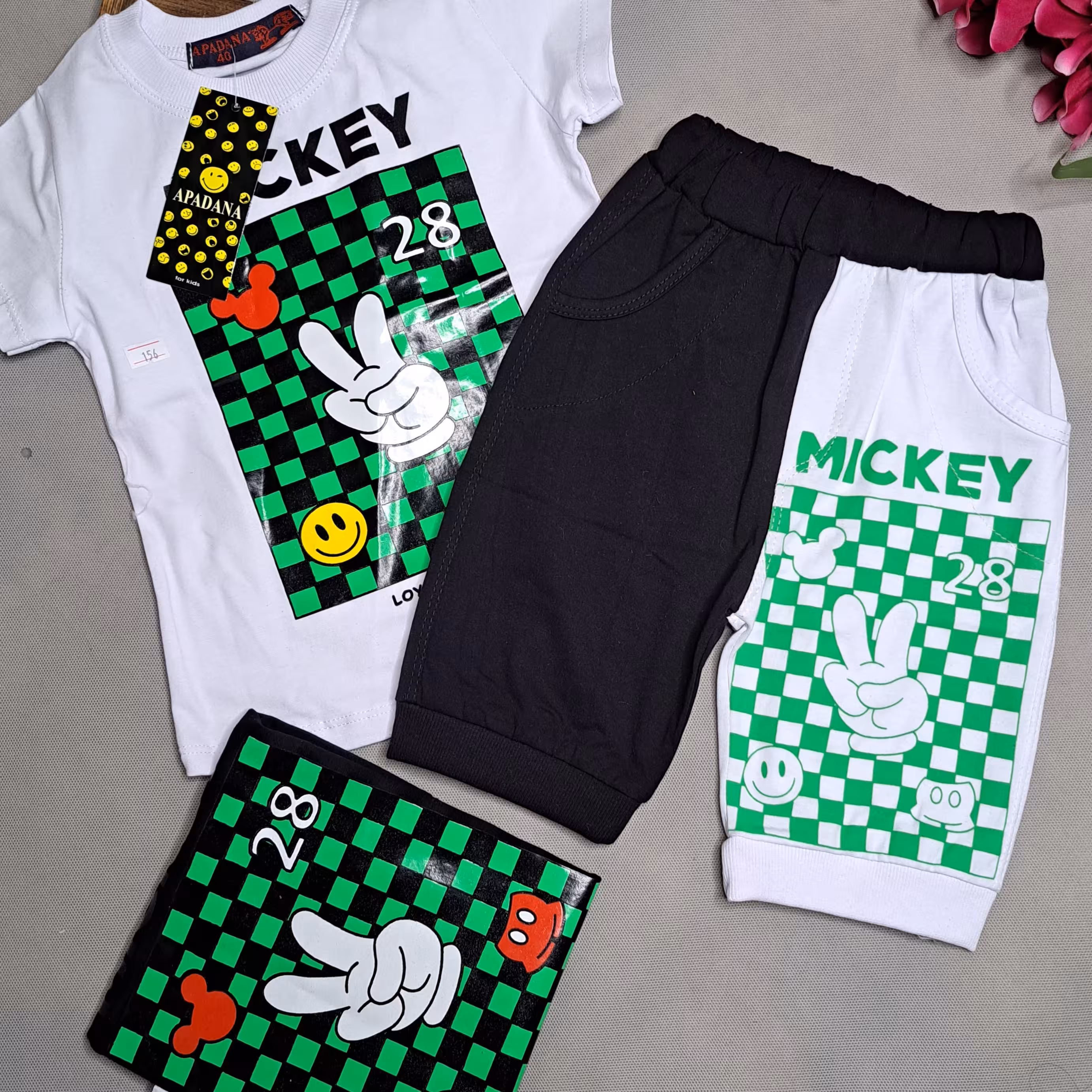 تیشرت شلوارک سفید مشکی اسپرت دخترانه پسرانه نخی