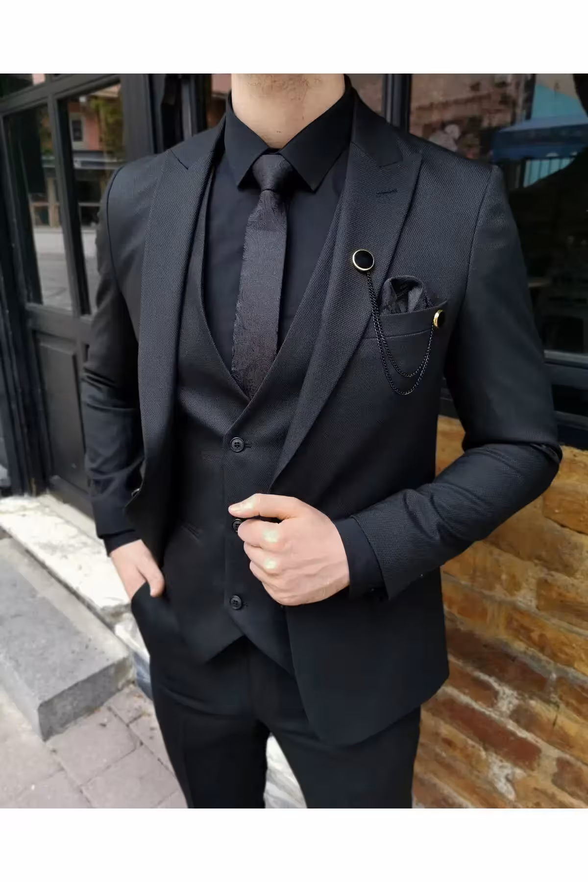 کت و شلوار مردانه با برش تنگ و جلیقه - 5325