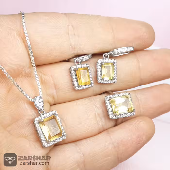 نیم ست نقره سیترین چهارگوش زنانه