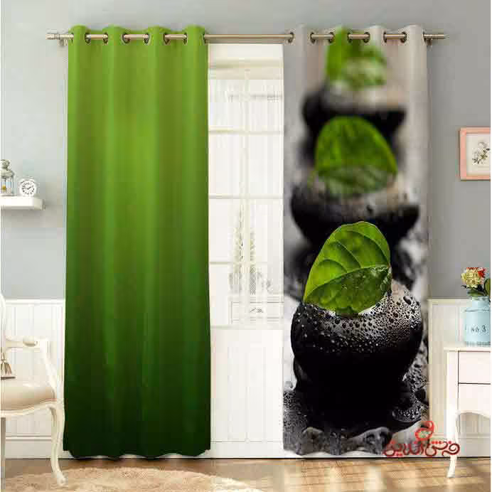 پرده 2عددی مدرن طرح برگ سبز کد2195