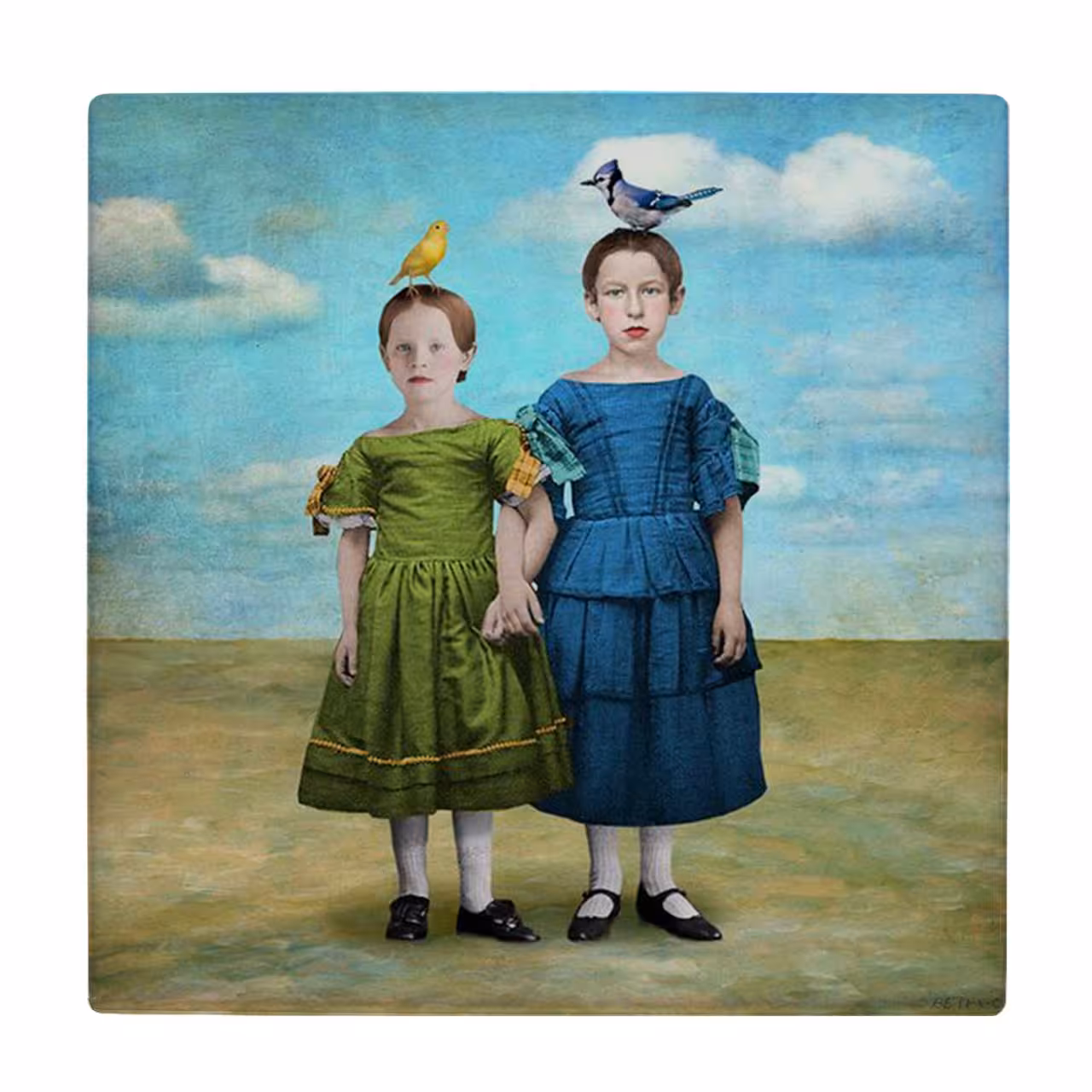 زیر لیوانی  طرح نقاشی دو دختر بچه کنار ساحل دریا کد    5881577_4497