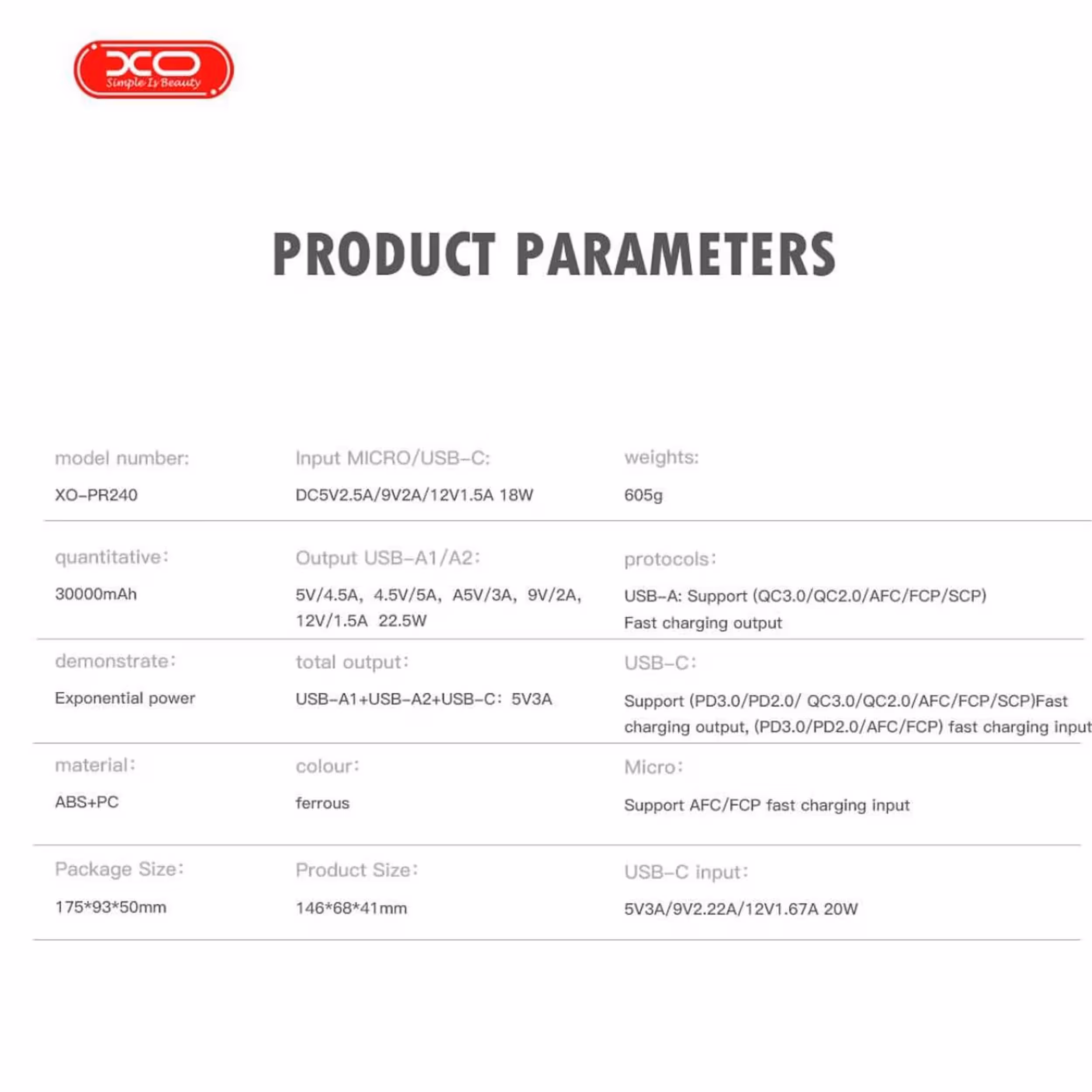 پاوربانک ایکس او مدل PR240 ظرفیت 30000 میلی آمپر ساعت