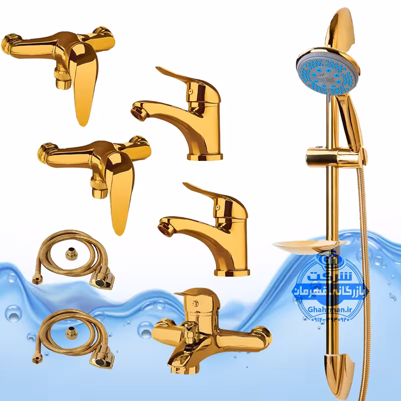 ست 8 عددی شیرآلات برند آیدا صنعت مدل قهرمان اردکی | دو عدد شیر روشویی   حمام   دو عدد توالت   علم دوش یونیکا متحرک ضد رسوب   دو شلنگ توالت | طلایی براق