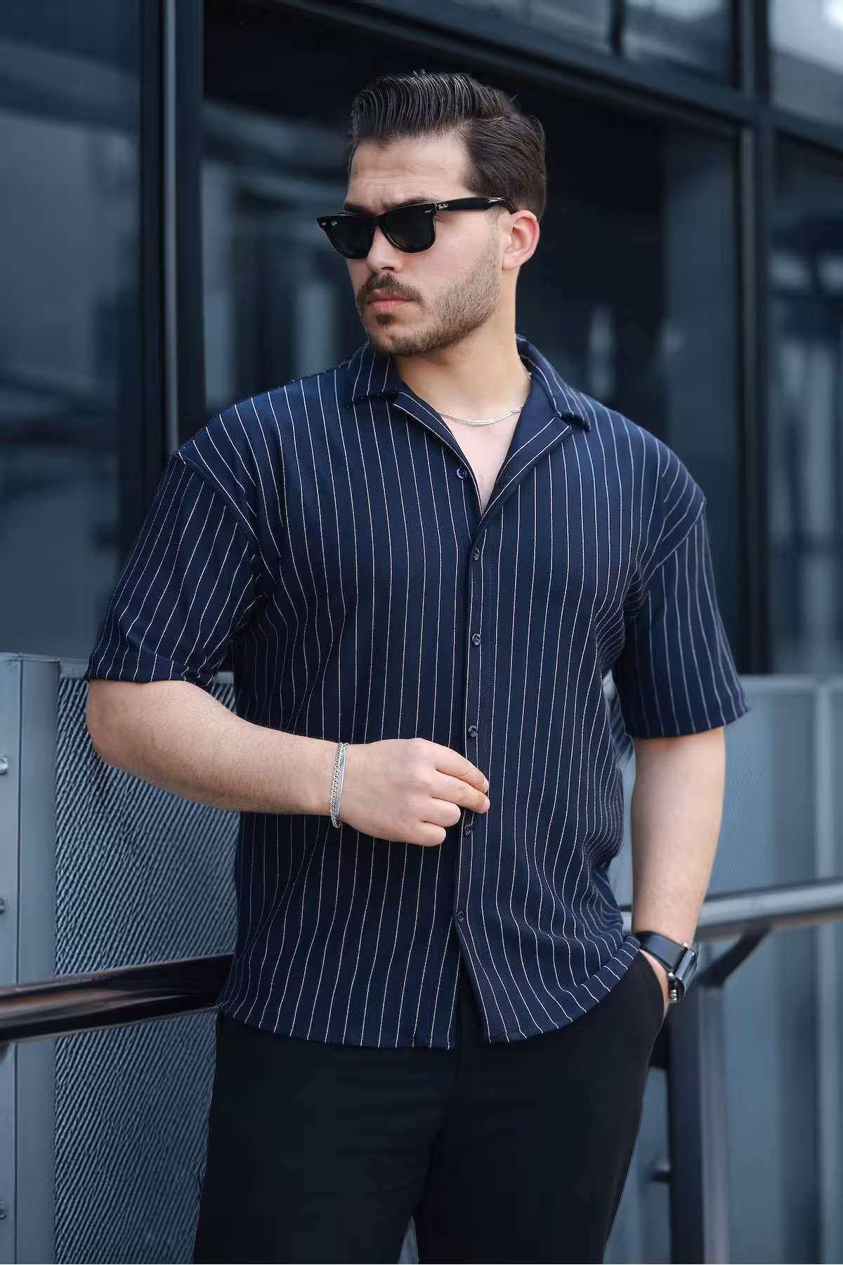 پیراهن بلوز دکمه دار مردانه پارچه پنکیک یقه COLLAR نیمی از لباس آبی دریایی Valiberta