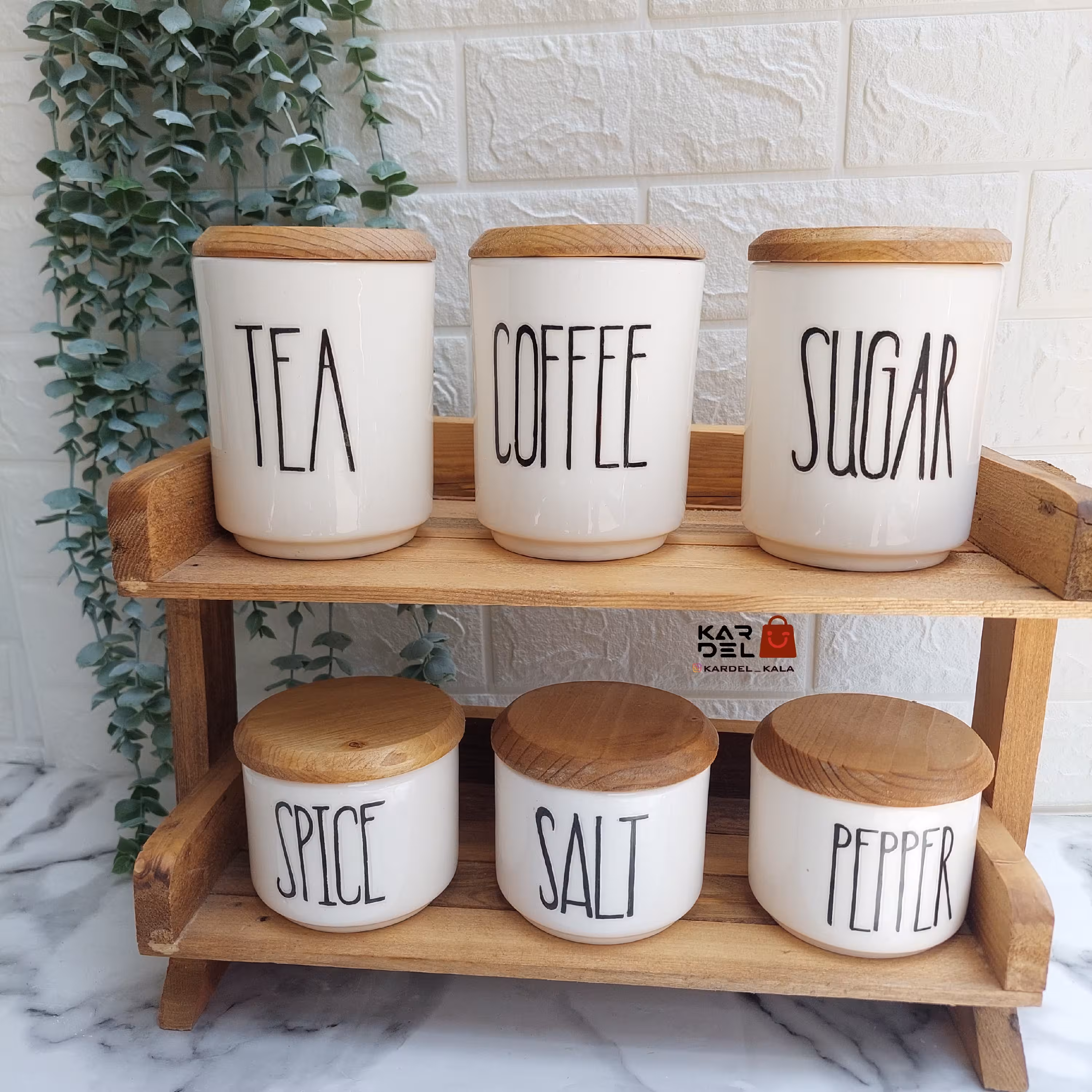 پاسماوری و جا ادویه سرامیکی تکست درب چوبی نوشته لاتین همراه استند چوبی