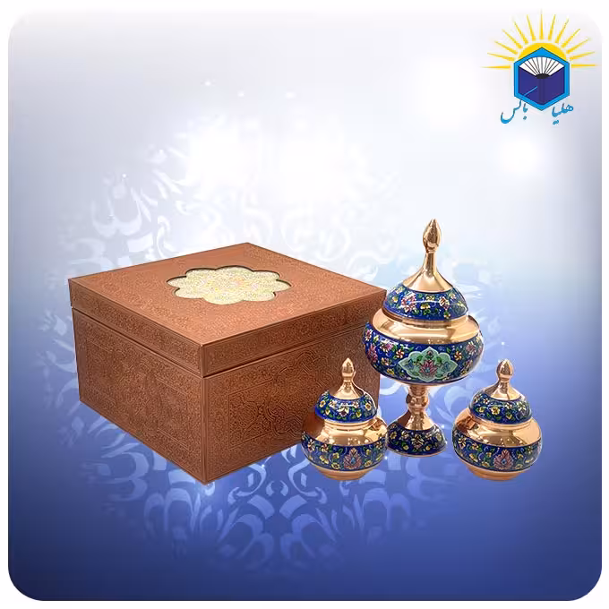 ست شکلات خوری متوسط 28 سانت و دو قندان کوچک 14 سانت مس و پرداز با جعبه  ام دی اف چرمی
