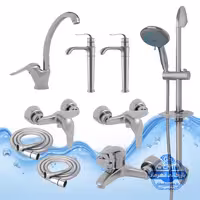 ست 9 عددی شیرآلات برند آیدا صنعت مدل قهرمان اردکی | شیر ظرفشویی   دو عدد شیر روشویی پایه‌بلند   شیر حمام   دو عدد شیر توالت   علم دوش یونیکا   دو عدد شلنگ توالت | کروم مات