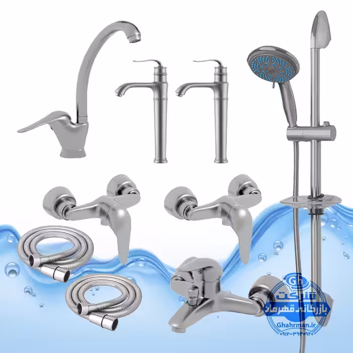 ست 9 عددی شیرآلات برند آیدا صنعت مدل قهرمان اردکی | شیر ظرفشویی   دو عدد شیر روشویی پایه‌بلند   شیر حمام   دو عدد شیر توالت   علم دوش یونیکا   دو عدد شلنگ توالت | کروم مات