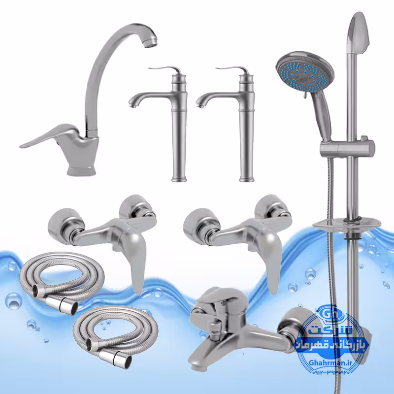 ست 9 عددی شیرآلات برند آیدا صنعت مدل قهرمان اردکی | شیر ظرفشویی   دو عدد شیر روشویی پایه‌بلند   شیر حمام   دو عدد شیر توالت   علم دوش یونیکا   دو عدد شلنگ توالت | کروم مات
