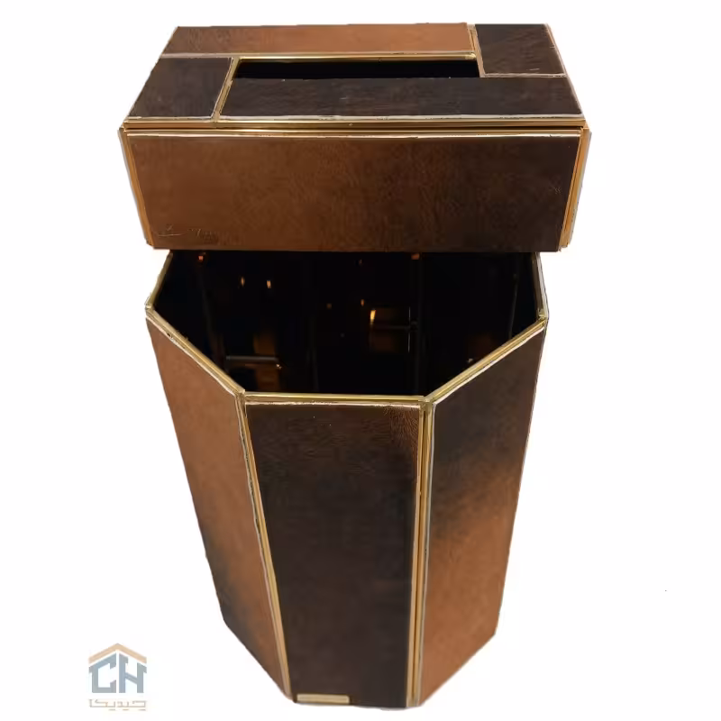 سطل و جا دستمال کاغذی روکش پوست طبیعی طرح 8 ضلعی مدل 8002