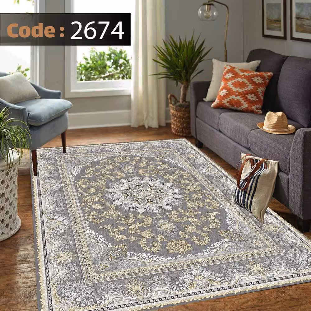 کاورفرش روفرشی دورکشدار گوشه لیفه ای طوسی کرم کد 2674