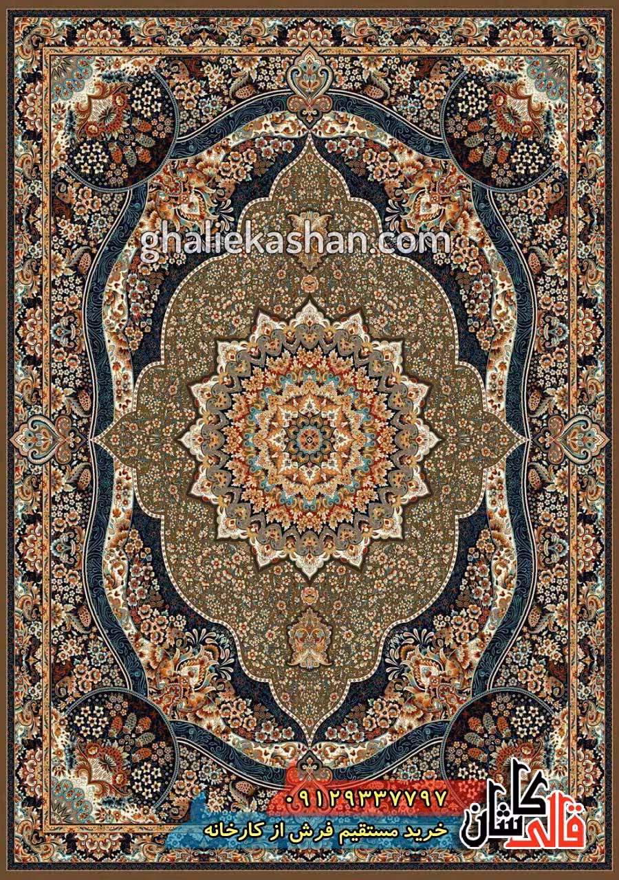 فرش 700 شانه طرح رضوان زمینه گردویی کاشان