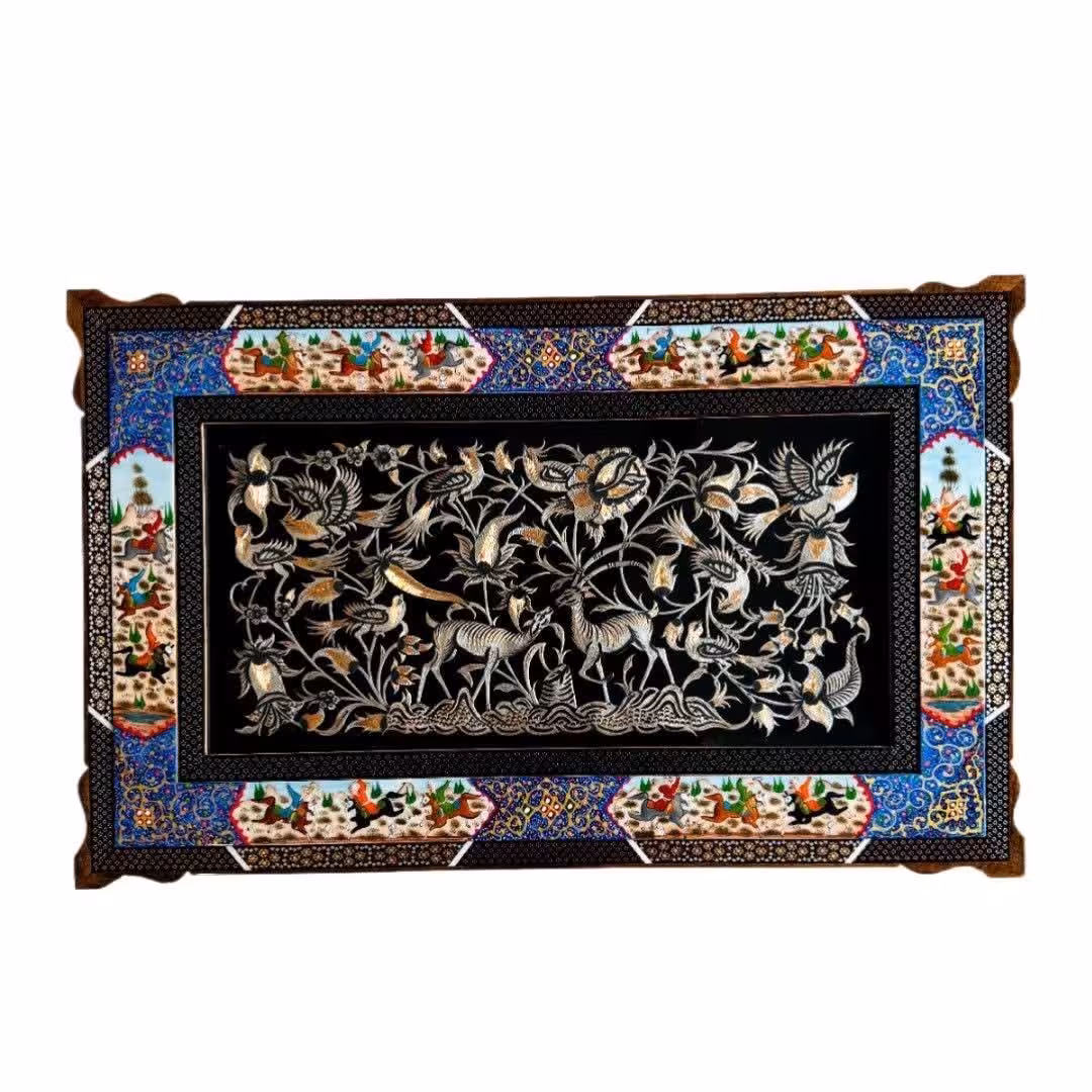 تابلو قلمزنی استاد جعفری با قاب خاتم کاری حاشیه چوگان 50در80