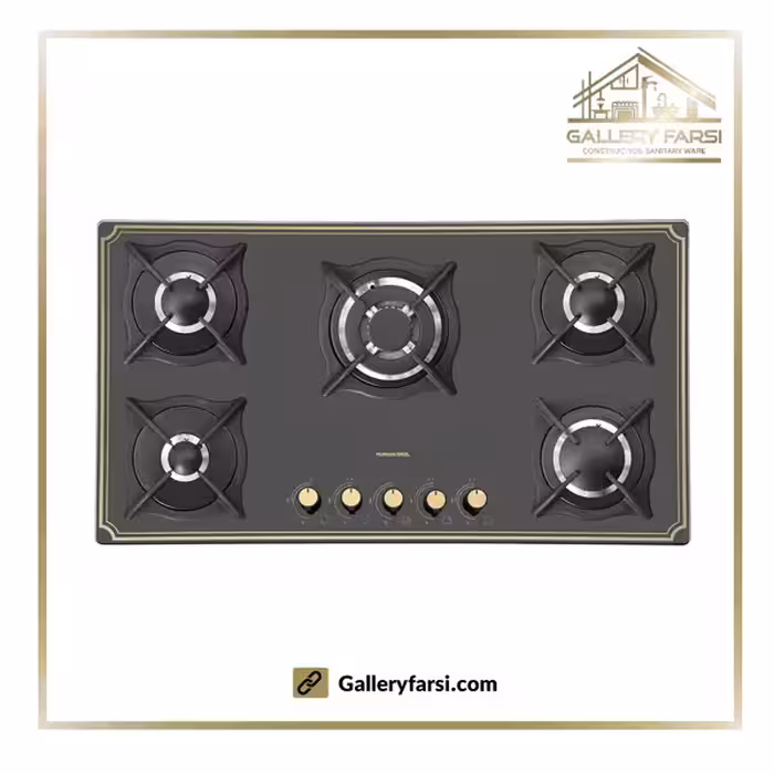اجاق گاز پنج شعله شیشه ای پرنیان استیل مدل PB-5211فریم طلایی_ولوم کلاسیک new