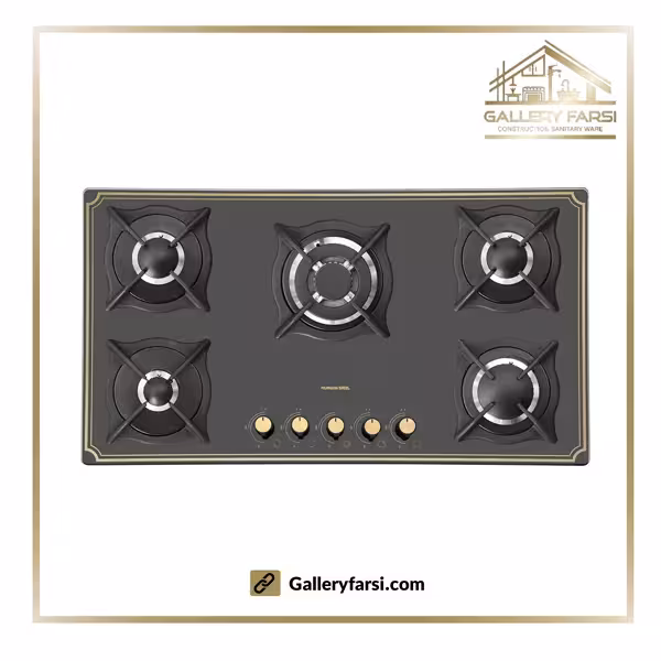 اجاق گاز پنج شعله شیشه ای پرنیان استیل مدل PB-5211فریم طلایی_ولوم کلاسیک new