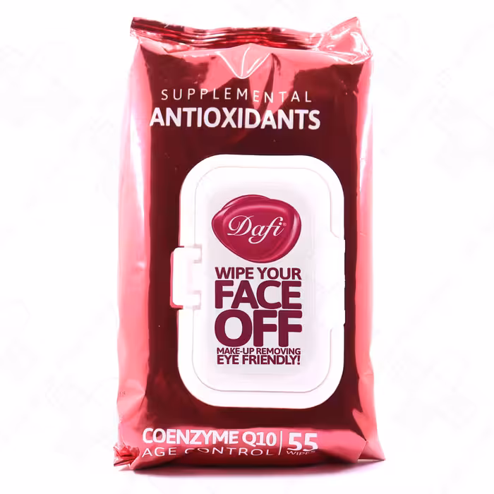 دستمال مرطوب پاک کننده آرایش چشم و صورت دافی حاوی کیوتن، مناسب انواع پوست 55 عددی