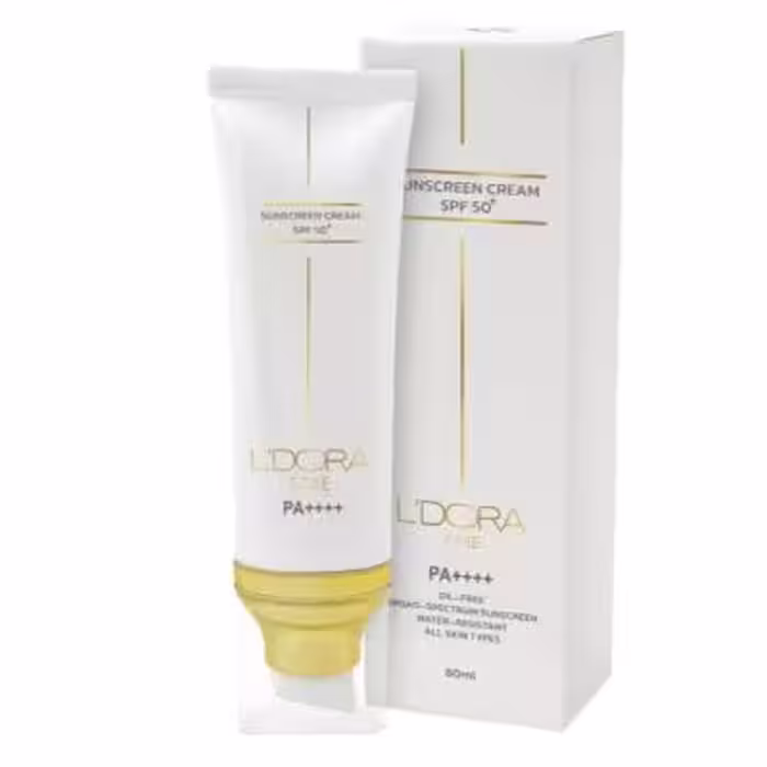کرم ضد آفتاب  SPF50 بی رنگ مناسب انواع پوست لدورا کر 80 میلی لیتر