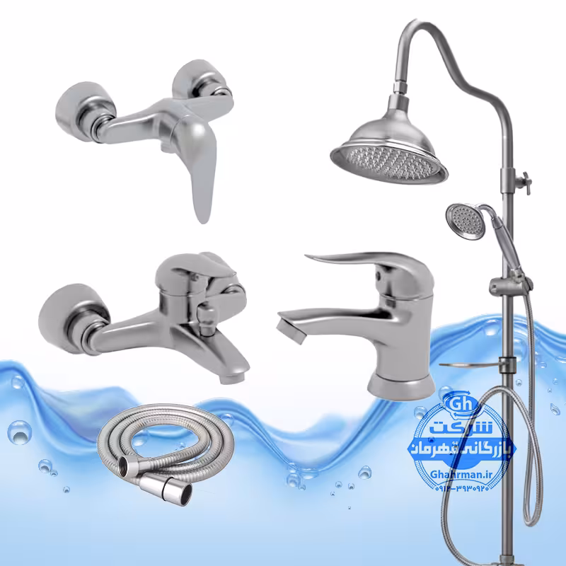 ست 5 عددی شیرآلات برند آیدا صنعت مدل قهرمان | شیر روشویی   شیر توالت   شیر حمام   شلنگ توالت   علم دوش شیپوری | کروم مات