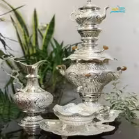 سرویس سماور زغالی برنجی پنج لیتری آبکاری نقره، قلم دست اعلاء