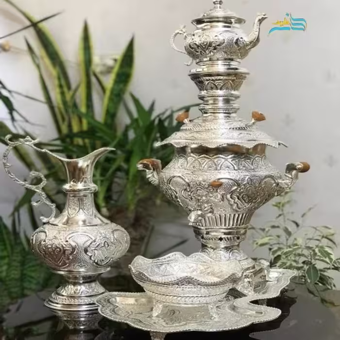 سرویس سماور زغالی برنجی پنج لیتری آبکاری نقره، قلم دست اعلاء