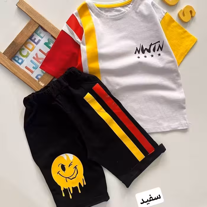 ست تیشرت وشلوارک استیکرآبرنگی اسپرت دخترانه وپسرانه سایز45و50 ارسال رایگان