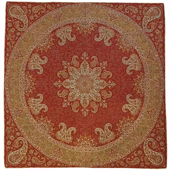 رومیزی مربع ترمه نفیس ابریشم کد TRM229 رنگ قرمز آستر گلبهی لبه مغزی دوزی