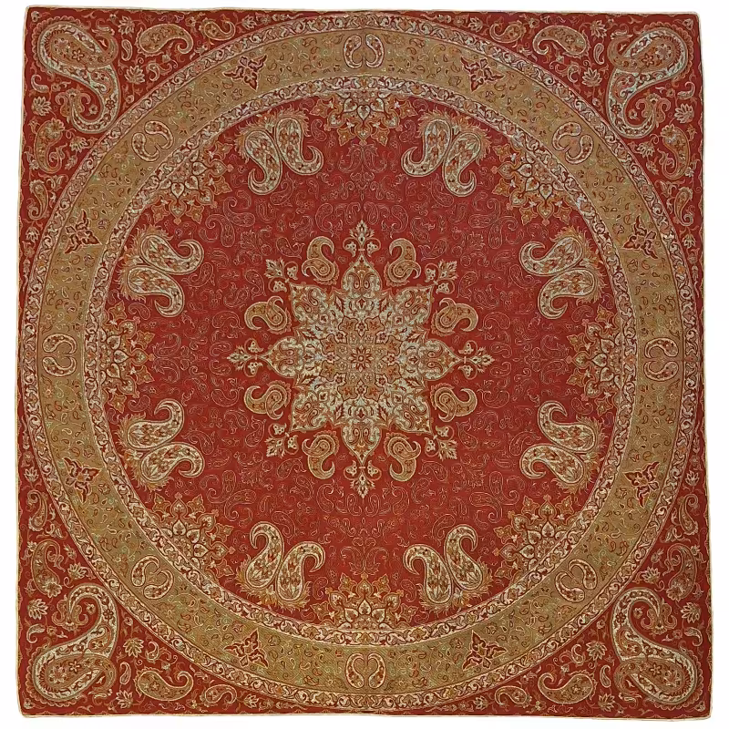 رومیزی مربع ترمه نفیس ابریشم کد TRM229 رنگ قرمز آستر گلبهی لبه مغزی دوزی