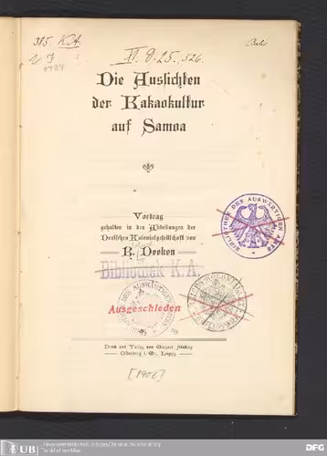 خرید و دانلود نسخه کامل کتاب Die Aussichten der Kakaokultur auf Samoa