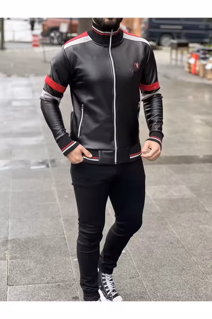 کت چرم با جزئیات قرمز - 7307