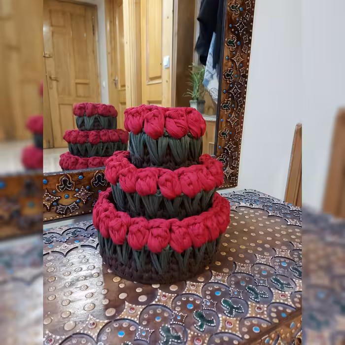 سبد قلاب بافی تریکو مدل گلدان لاله کد 23 مجموعه 3 عددی