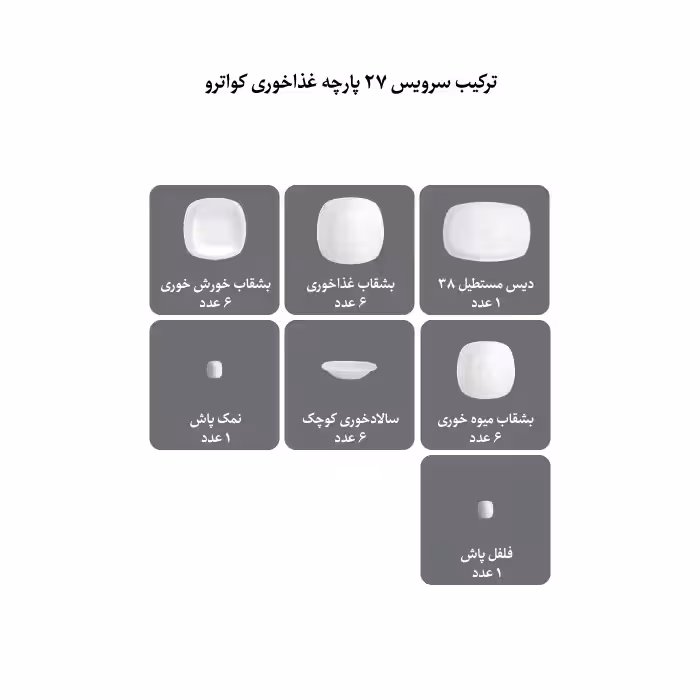  سرویس غذاخوری 27 پارچه چینی زرین ایران مدل کواترو رسپینا درجه عالی