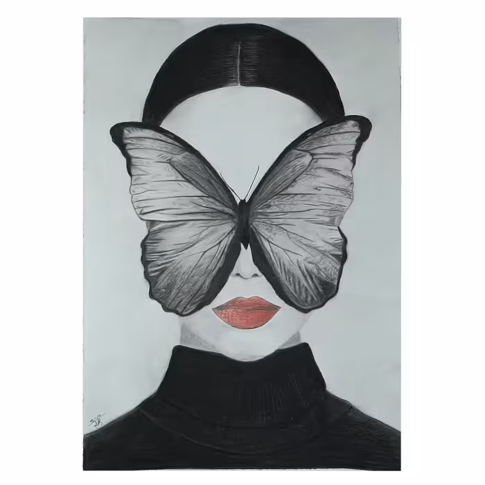 تابلو نقاشی سیاه قلم مدل پروانه و زن کد 2
