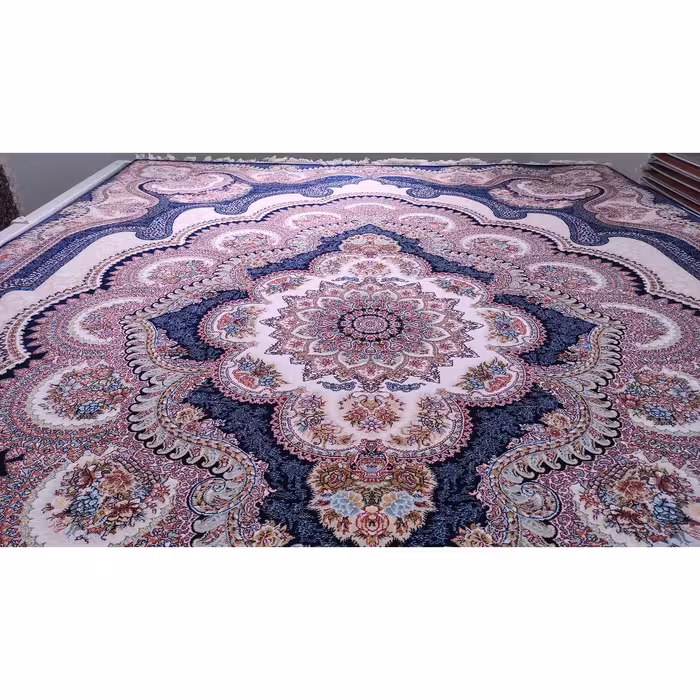 فرش ماشینی زمرد مشهد مدل گلنما زمینه سرمه ای