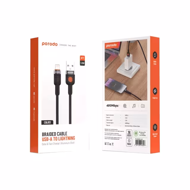 کابل Porodo مدل CBL013 Braided USB-A to Lightning 1.2m