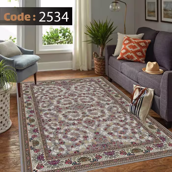 کاورفرش روفرشی دورکشدار گوشه لیفه ای طوسی کرم کد 2534