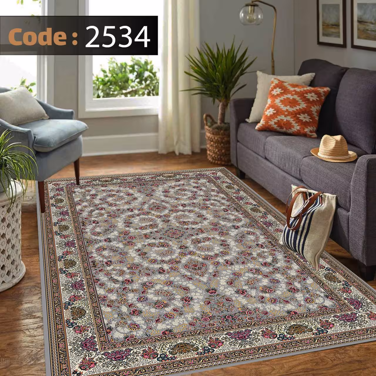 کاورفرش روفرشی دورکشدار گوشه لیفه ای طوسی کرم کد 2534