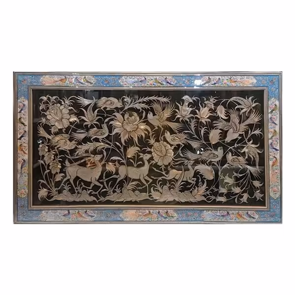 تابلو قلمزنی با قاب خاتم کاری فیبری گل و بلبل  50در90