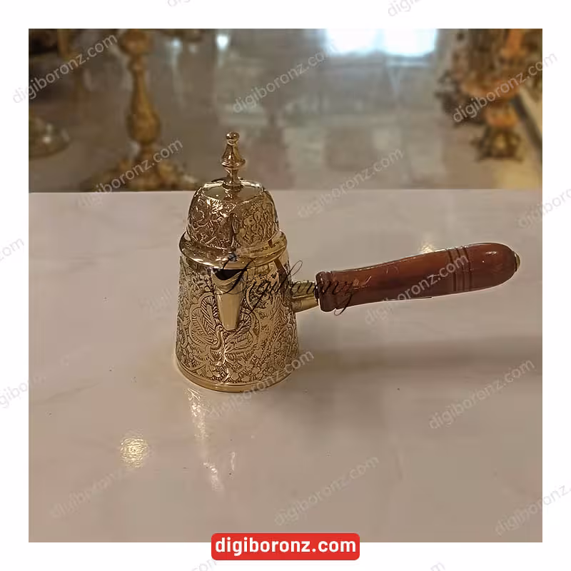 قهوه جوش برنجی برنزی درب دار طرح طاووس سایز کوچک