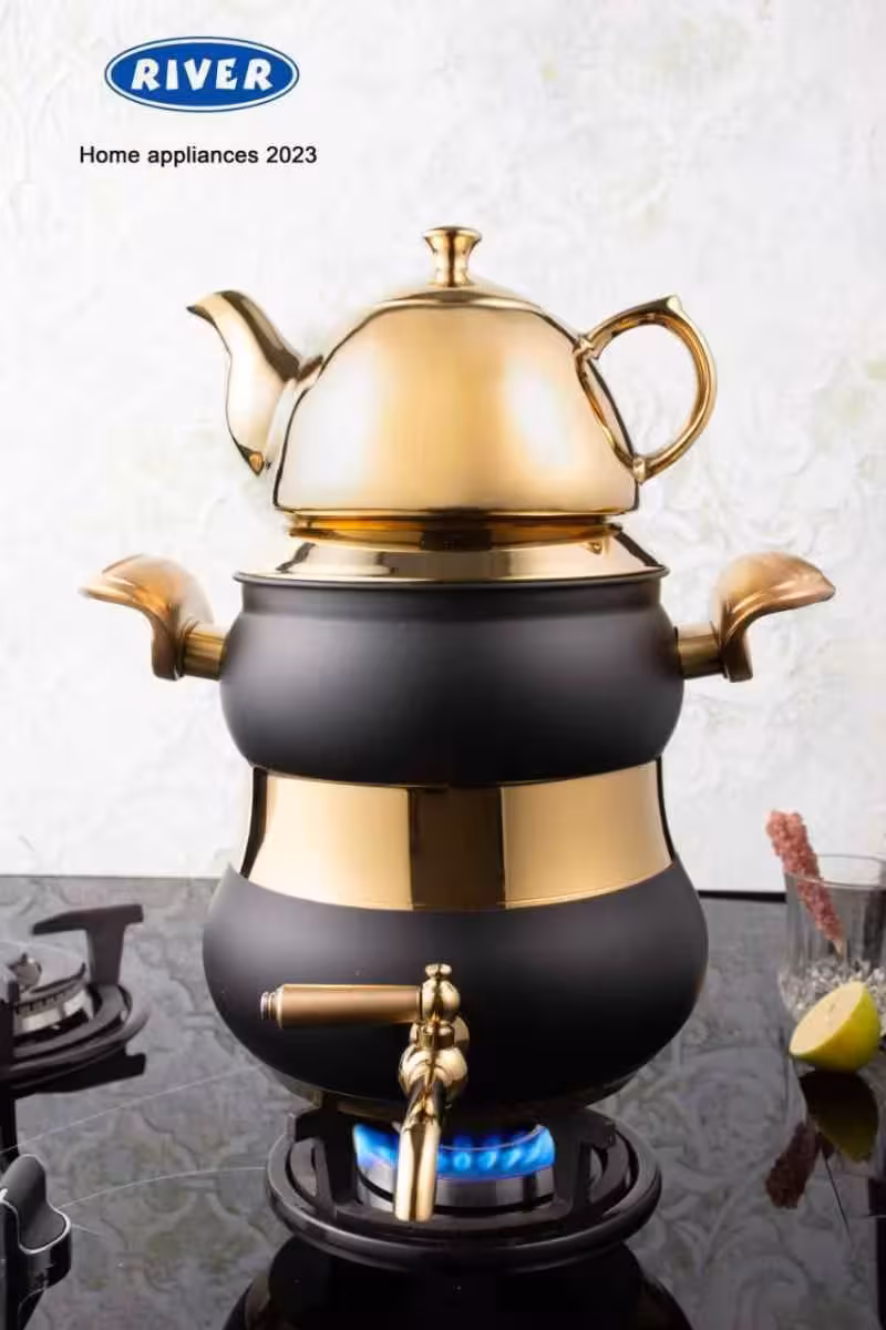 کتری قوری استیل شیر دار کمر باریک مشکی .طوسی طلایی ریور کد 2156