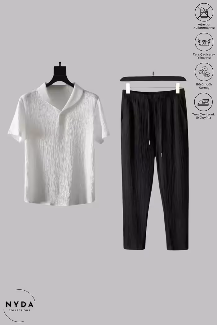 ست تی‌شرت و شلوارک زنانه و مردانه تابستانی از پارچه کرینکل با طرح براق سیاه و سفید، با آستین کوتاه و کشسان. - 5508