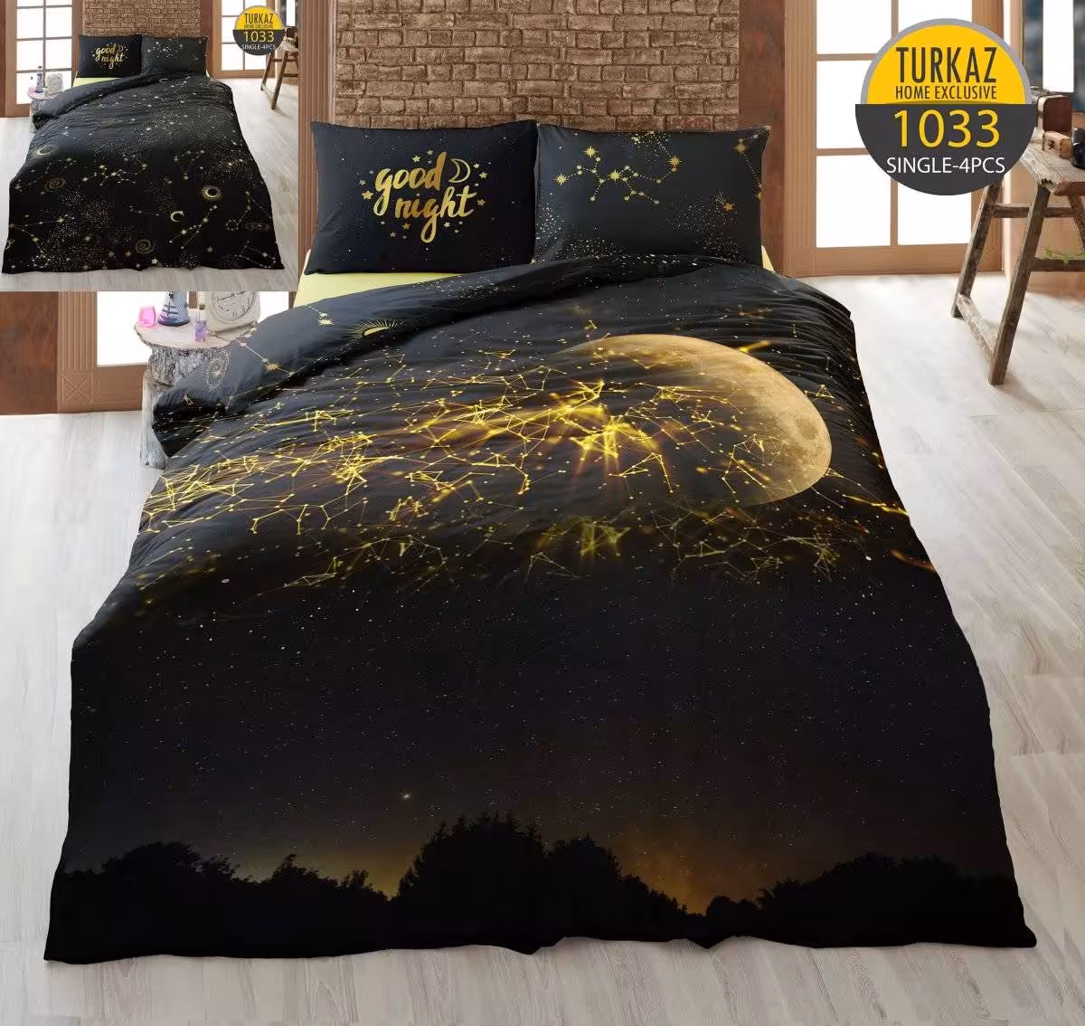سرویس لحاف روتختی مدل شب برند Turkaz یک نفره 4 تکه طرح 1033