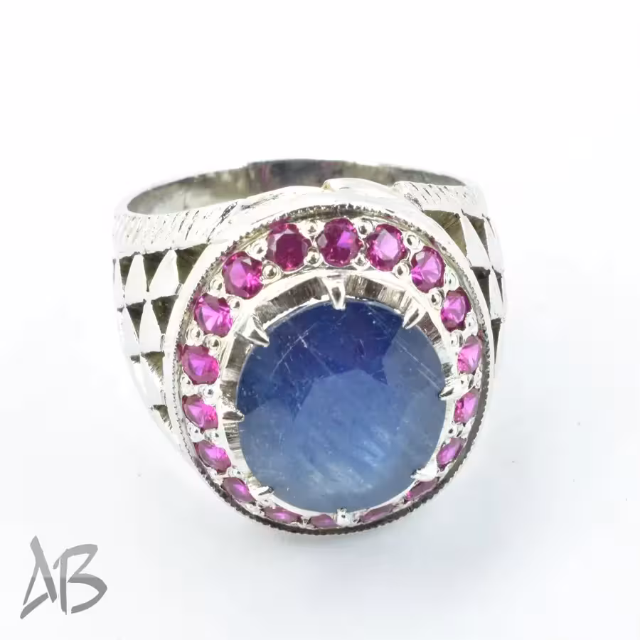 انگشتر نقره دست‌ساز مردانه خارجی یاقوت کبود بسیار زیبا همراه شبکه کاری کد 213