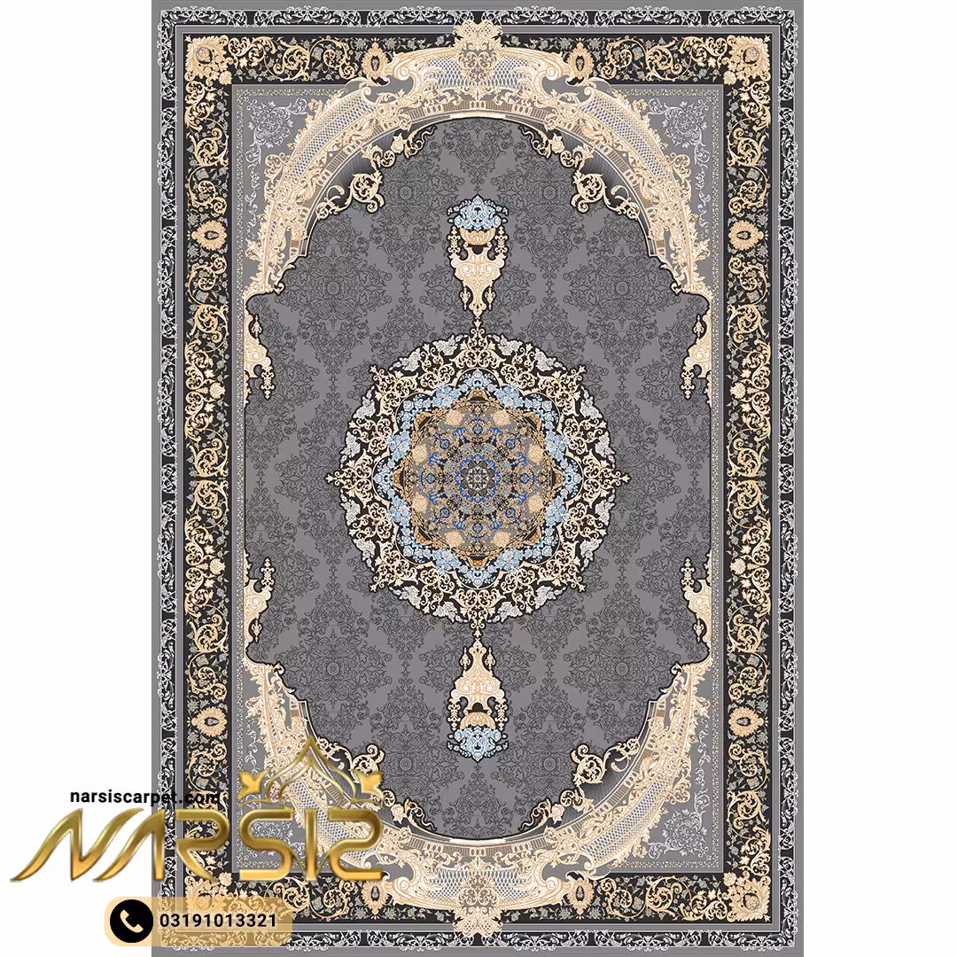 فرشینه فرش طرح فرزانه زمینه طوسی و نقره ای کد 9000 |