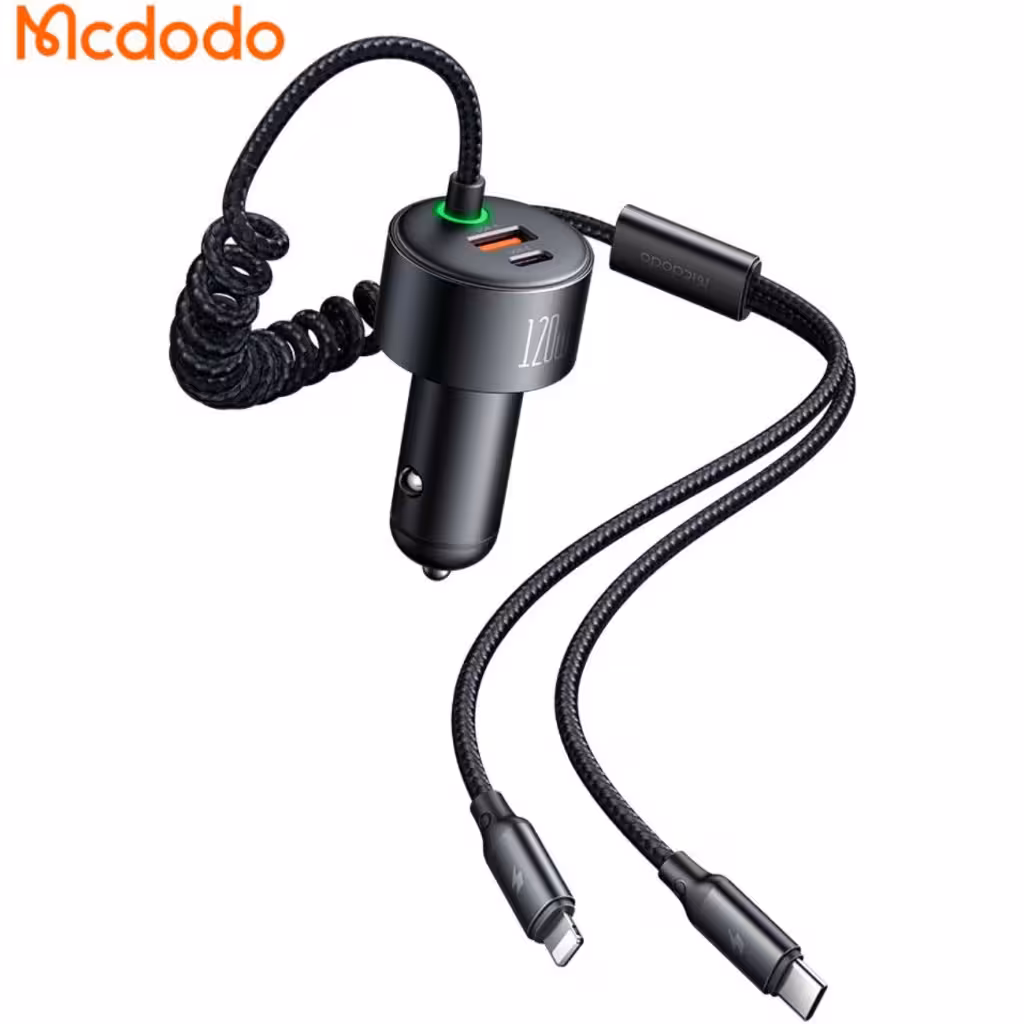 شارژر فندکی فست شارژ ماشین تایپ سی، لایتنینگ و یو اس بی 120 وات مک دودو CC-037